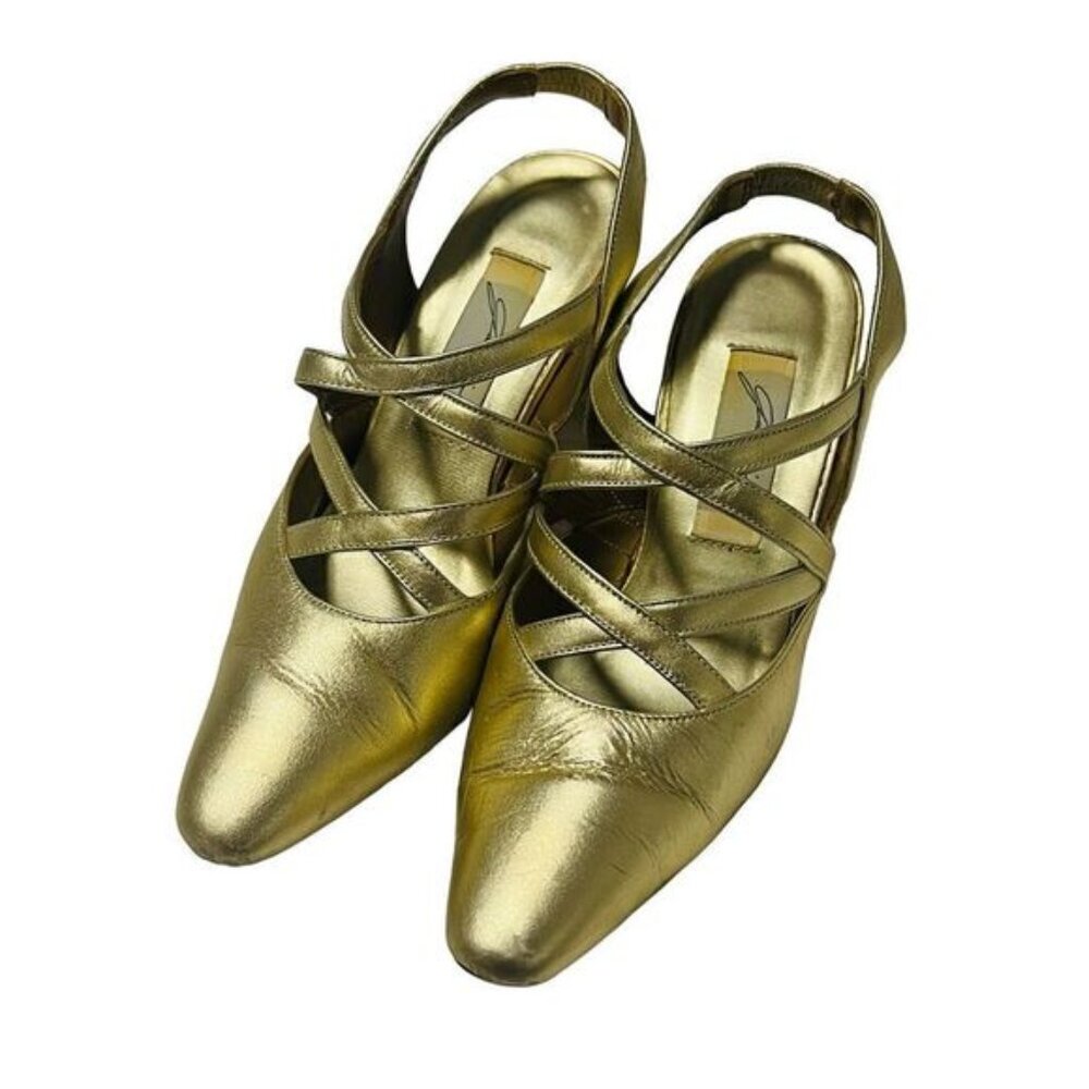 Garolini Vintage Gold Strappy Heels Size 7M Deadstock Antique 50s 60s 70s